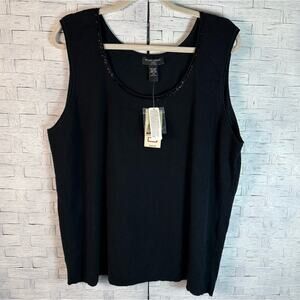 Valerie Stevens Womens black tanktop beaded collar Pima Cotton layering plus sz